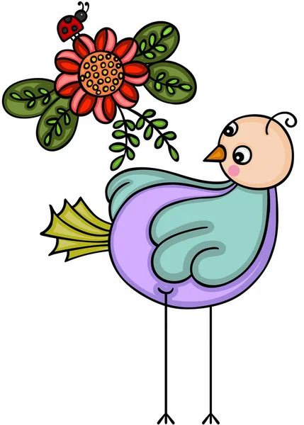 Oiseau Mignon Avec Fleur Coccinelle — Image vectorielle