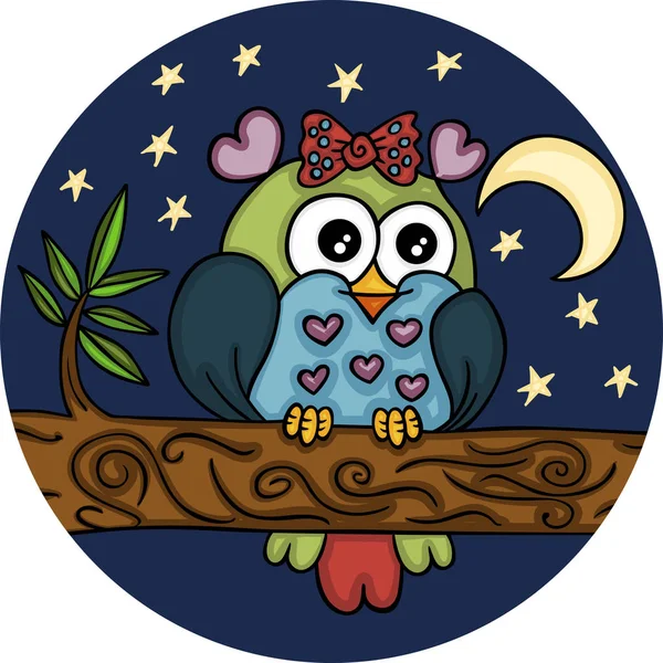 Lovely Adorable Owl Night Landscape — Stock Vector