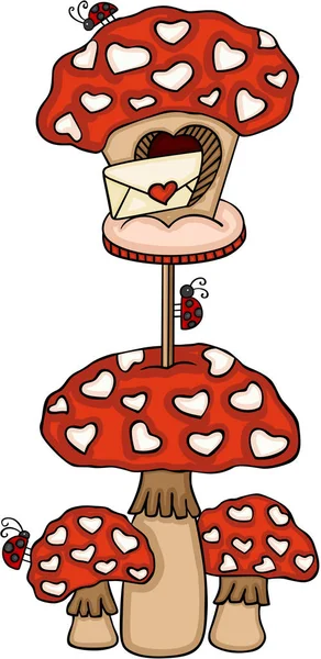 Love Mushroom Mailbox Ladybugs — Stock Vector