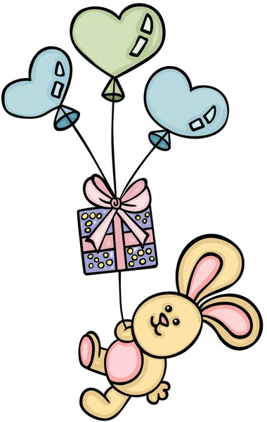 Kleiner Hase Fliegt Mit Geschenk Und Herzförmigen Luftballons — Stockvektor