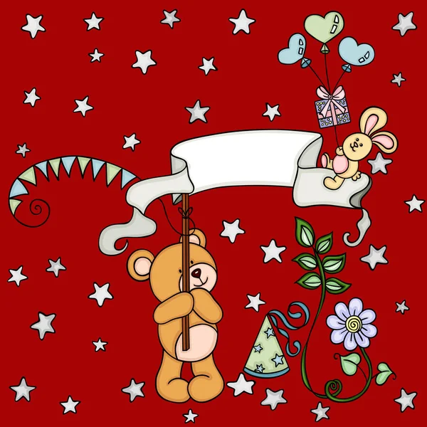 Вітальна Листівка День Народження Плюшевим Ведмедем Маленьким Кроликом — стоковий вектор