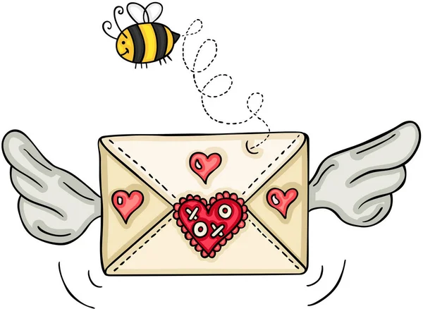 Kärlek Kuvert Med Vingar Och Bee — Stock vektor