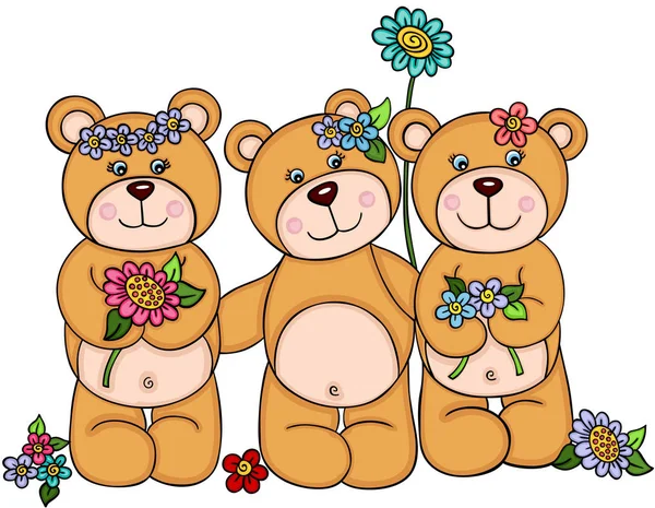 Três Ursinhos Pelúcia Menina Com Flores —  Vetores de Stock
