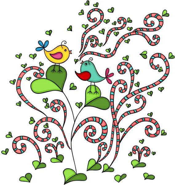 Dos Pájaros Enamorados Árbol Abstracto Con Hoja Corazón — Vector de stock