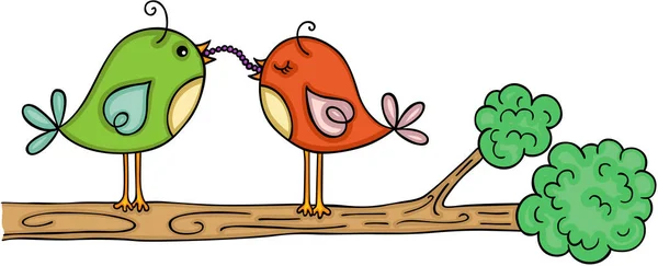 Couple Bird Eating Earthworm Branch — Stock Vector