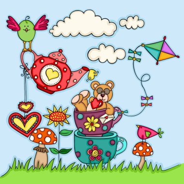 Oyuncak ayı ve kuşlar ile tebrik kartı