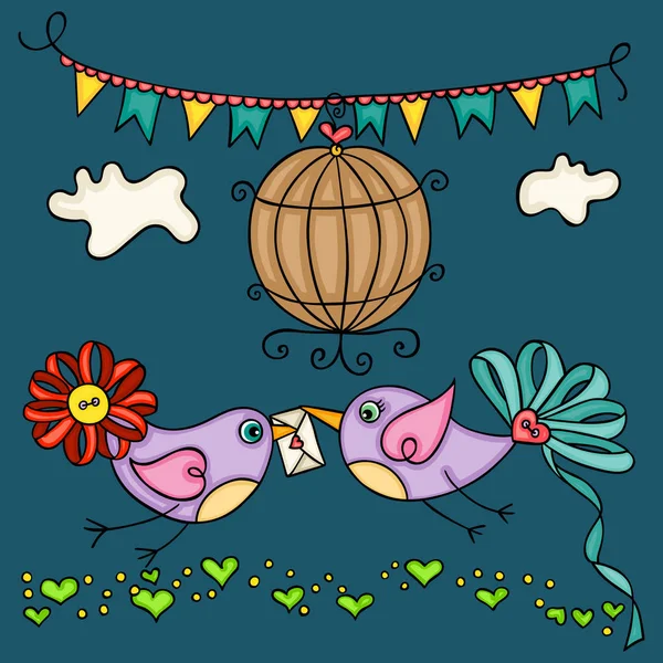 Dia Dos Namorados Cartão Saudação Com Dois Pássaros Amor Bonito — Vetor de Stock