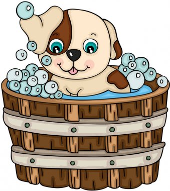 Sevimli köpek ahşap küvet banyo