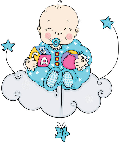 Baby boy sitting on cloud with blue stars