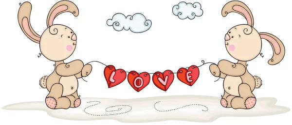Deux Lapins Tenant Une Bannière Guirlandes Amour Forme Coeur — Image vectorielle