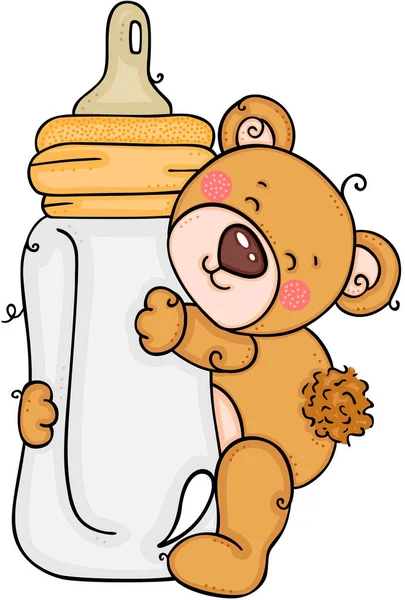 Teddy Beer Knuffelen Een Baby Melk Fles — Stockvector