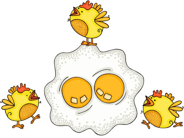 Tres Pájaros Amarillos Felices Con Huevo Doble Frito — Vector de stock