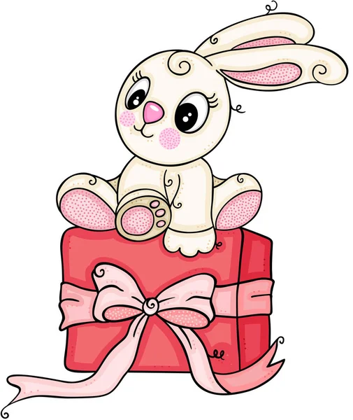 誕生日プレゼントの上にかわいいウサギ — ストックベクタ