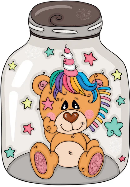 Cute Fantasy Teddy Bear Unicorn Horn Closed Glass Jar Stars — Stock Vector