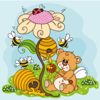  Aç gözlü oyuncak ayının bal yediği bir resim.