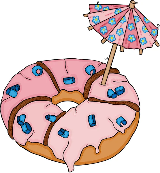 小さな装飾的な傘とピンクの霜降りドーナツ — ストックベクタ