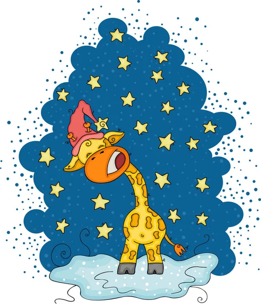 Dobranoc Gwiazdy Niebieski Ilustracja Cute Żyrafa — Wektor stockowy
