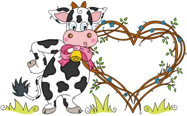 Vache Drôle Avec Cadre Coeur Branches Arbre — Image vectorielle