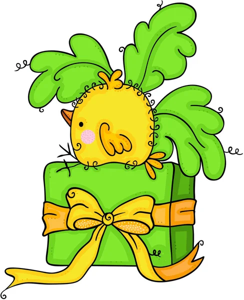 Pájaro Amarillo Con Caja Regalo Verde Hojas — Vector de stock