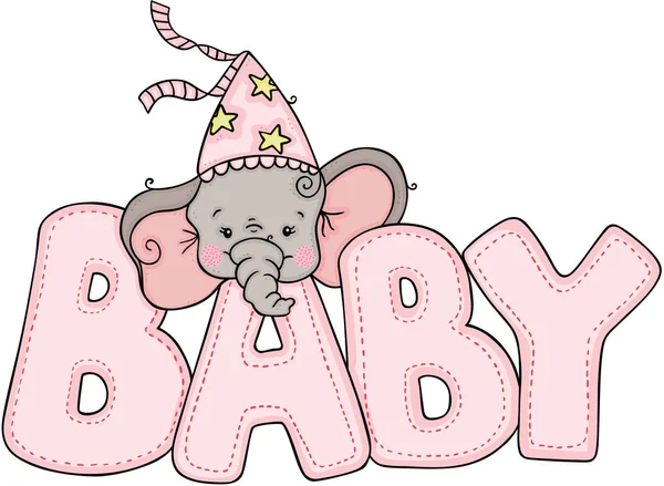 Χαριτωμένο Μικρό Ελέφαντα Λέξη Μωρό Του Ροζ — Διανυσματικό Αρχείο