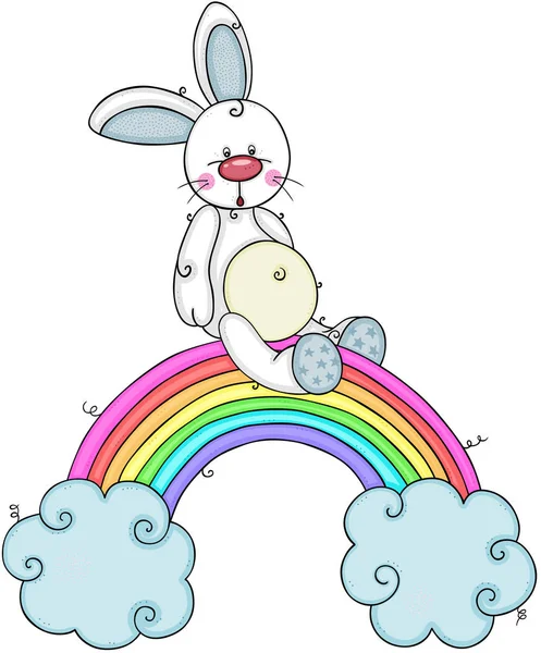 Baby Boy Bunny Rainbow Blue Clouds — 스톡 벡터