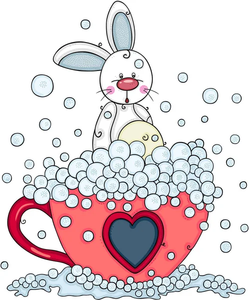 用肥皂泡在茶杯上洗澡的小兔子 — 图库矢量图片