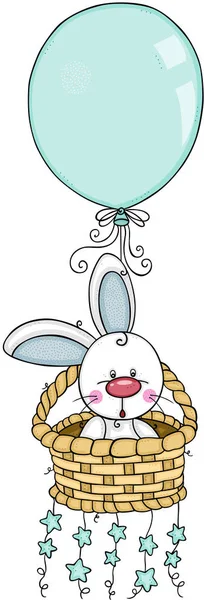 小男孩兔子抱着气球和星星在柳条筐上飞舞 — 图库矢量图片