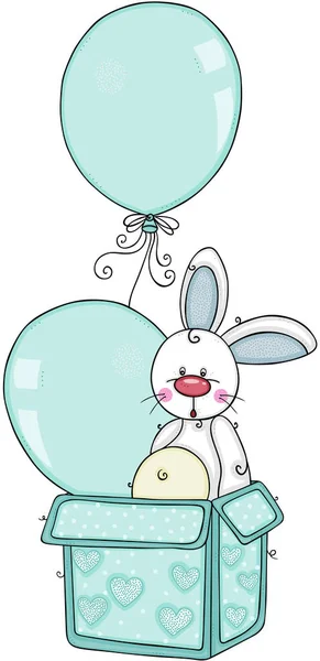 Cute Baby Boy Bunny Going Out Gift Box Balloons — 스톡 벡터
