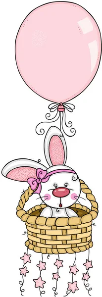 小女孩兔子带着气球和星星在柳条筐上飞舞 — 图库矢量图片
