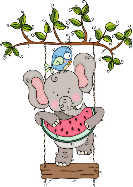 Lindo Elefante Comiendo Sandía Con Pájaro Columpio Del Árbol — Vector de stock