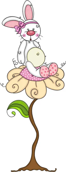 Lindo Bebé Niña Conejito Sentado Parte Superior Grande Flor — Vector de stock