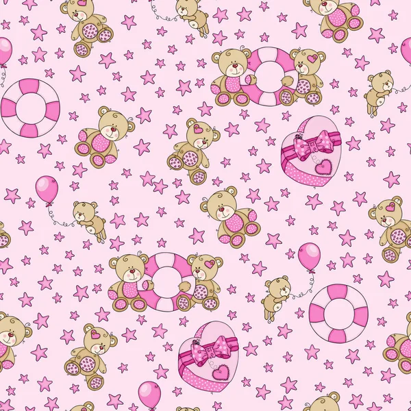 粉红无缝背景与爱泰迪熊和明星 — 图库矢量图片