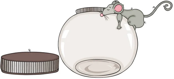 Mała Myszka Śpiąca Pustym Okrągłym Szklanym Słoiku Otwartym — Wektor stockowy