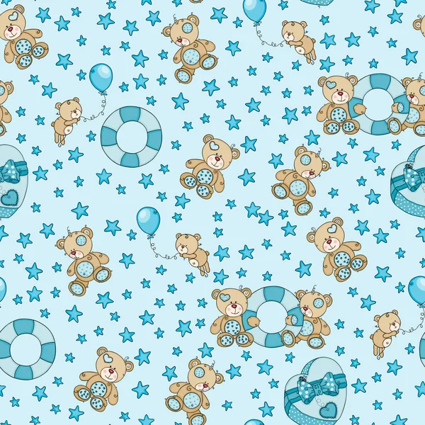 蓝色无缝背景 有爱的泰迪熊和星星 — 图库矢量图片