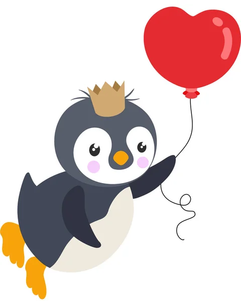 Lindo Pingüino Rey Volando Con Globo Forma Corazón — Archivo Imágenes Vectoriales