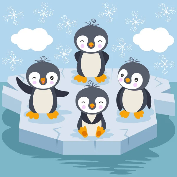 Children Illustration Funny Penguins Playing Ice — Stok Vektör