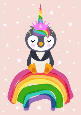 Greeting card with cute unicorn penguin sitting on rainbow