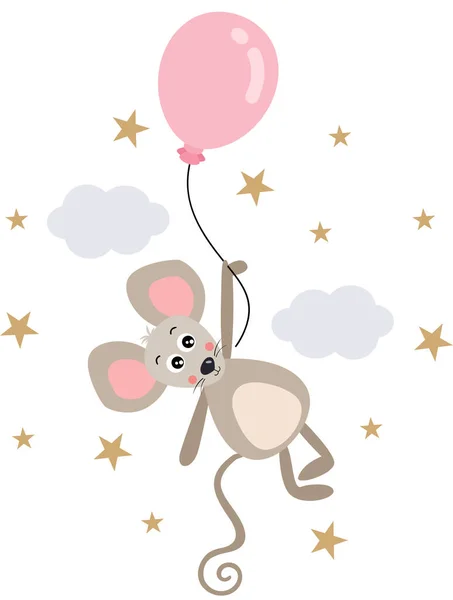 Baby Mouse Flying Sky Holding Balloon — Stockový vektor