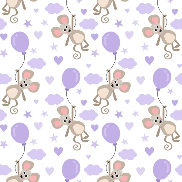 Baby Seamless Background Mouse Flying Sky Holding Balloon — 图库矢量图片