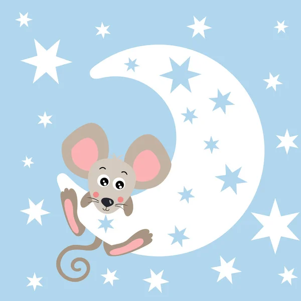 Greeting Card Blue Sky Stars Little Mouse Hanging Moon — Stock Vector