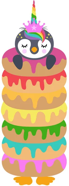 在一堆堆彩虹甜甜圈中可爱的独角兽企鹅 — 图库矢量图片