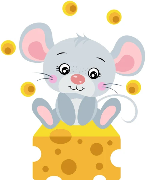 Mignonne Souris Assise Sur Cube Fromage — Image vectorielle