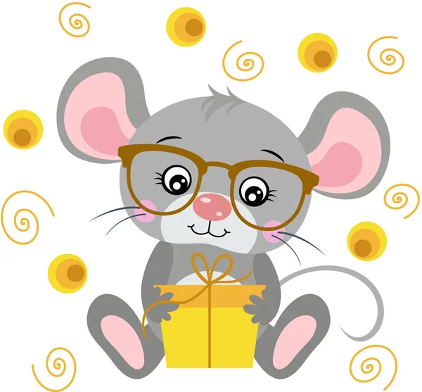 Roztomilá Myš Brýlemi Sedí Žlutým Malým Dárkem — Stockový vektor
