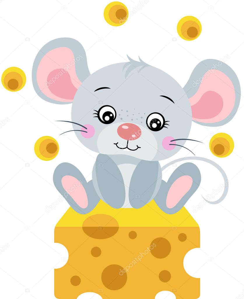 Cute mouse sitting on cube of cheese