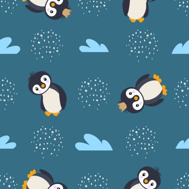 Seamless pattern with little cute penguins on sky