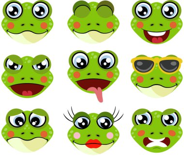 Faces of frogs with feature a different expressions