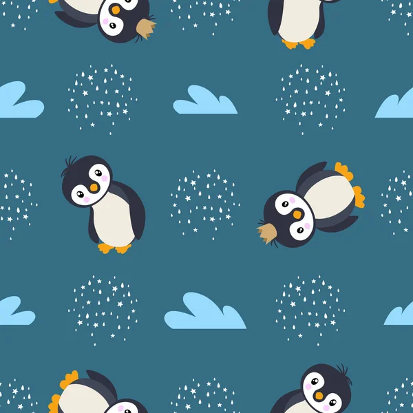 Seamless Pattern Little Cute Penguins Sky — 图库矢量图片