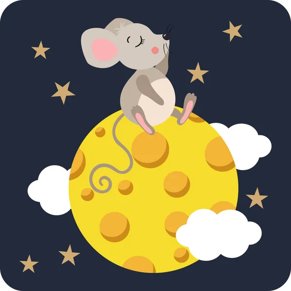Roztomilý Myš Létání Nad Sýrem Měsíc Noční Obloze — Stockový vektor