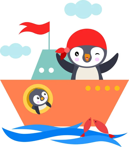 かわいいペンギンが魚と一緒に船で航海します — ストックベクタ