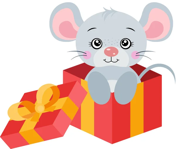 Carino Grigio Mouse Andando Fuori Rosso Regalo Aperto — Vettoriale Stock